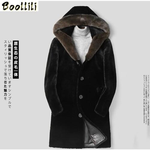 Boollili Winter Natural Sheep Shearling Jacket Hooded Mink Fur Collar Real Fur Coat Men Long Jackets Luxury Coat