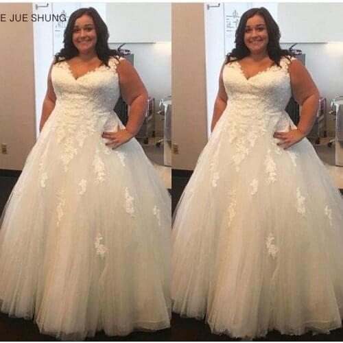 E JUE SHUNG Vintage Lace Appliques Plus size Wedding Dresses 2020 V-neck ball gown Wedding Gowns Bride Dresses