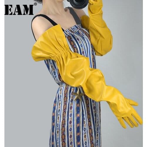 [EAM] Women Yellow Lantern Sleeve Long Gloves New Pu Leather Personality Fashion Tide All-match 2019 Autumn Winter 1DC977
