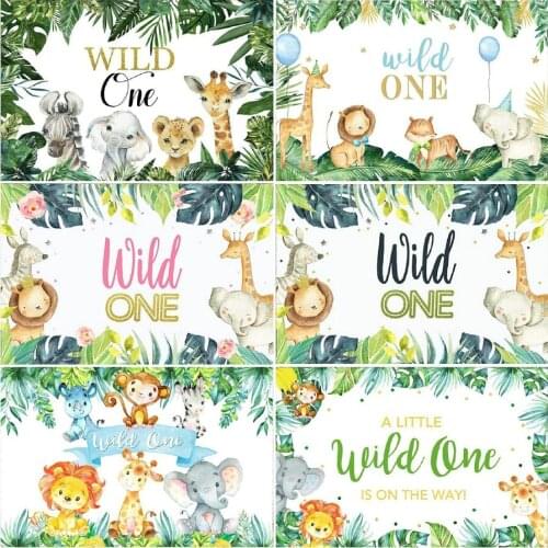Cartoon Jungle Animal Backdrop Palm Leaf Wild One Photography Backgrounds Baby Shower Birthday Party Decor Photo Booth Prop