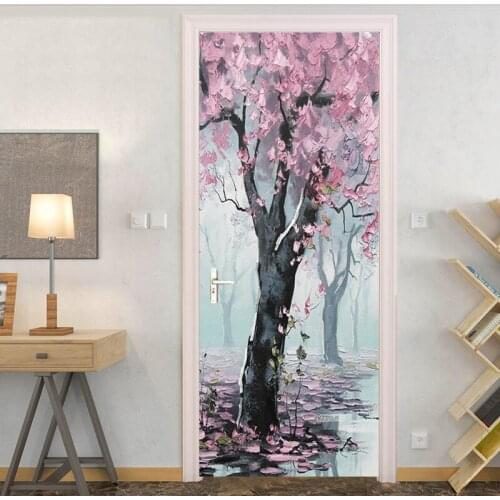 Oil Painting Style 3D Cherry Flower Tree Photo Mural Sticker for Door Bedroom Living Room PVC Self-adhesive Wallpaper Waterproof