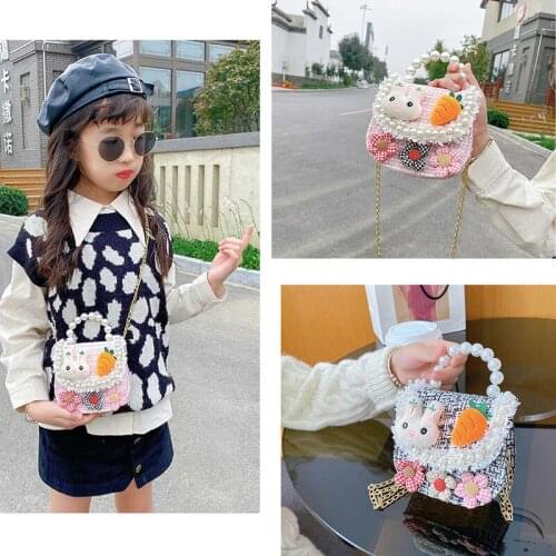 Fashion Pearl Children Crossbody Purse Adorable Bunny Carrot Girl Mini Purses Cute Flower Toddler Chain Shoulder Handbag