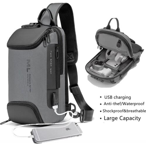 Mens Anti-thief USB Charging Oxford Chest Bag Multifunction Waterproof Large Capacity Shoulder Sling Bag for Short Travel K095