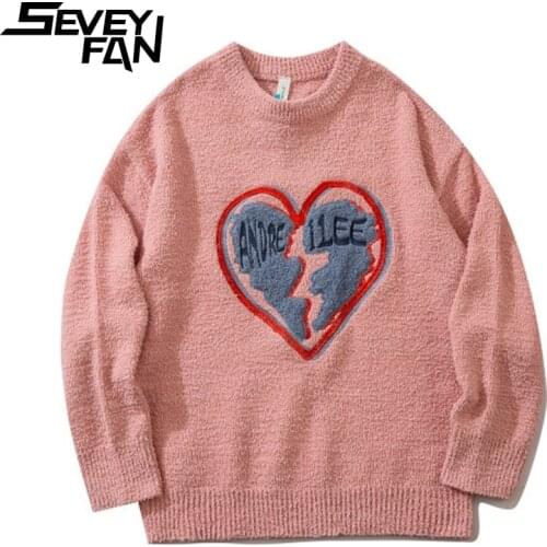 SEVEYFAN Mens Fashion Lover Pattern Embroidery Sweater Korean O Neck Cotton Knitwear Hip Hop Pullover Sweaters for Couples