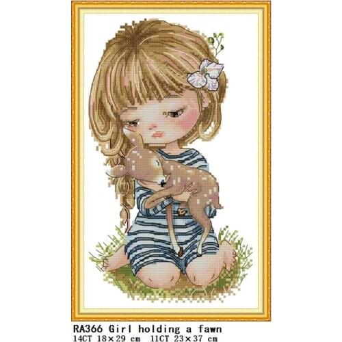 JoySunday Girl Holding Deer Pattern Cross Stitch Kit ADA 11CT14CT Needle and Thread Embroidery Kit DIY Home Decoration Paintings