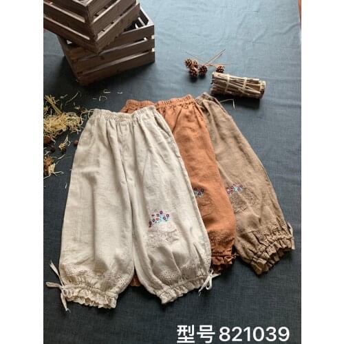 Japan Style Mori Girl Solid Color Linen Wide leg Pants Loose Embroidered Literature Cropped Bloomers
