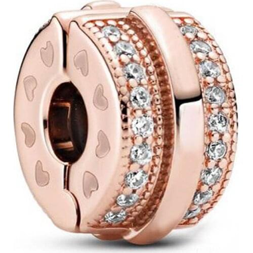 Original Rose Sparkling Pave Lines & logo Clip With Crystal Beads Fit 925 Sterling Silver Charm Bracelet Diy Jewelry