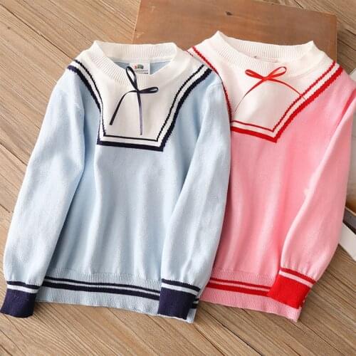 2020 Autumn Spring 2 3 4 5 6 7 8 9 10 Years O-Neck Cotton Knitted Pullover Bow Navy Preppy Style Sweater For Kids Baby Girls