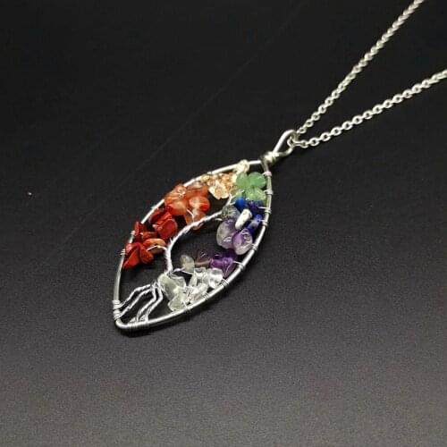 Oval Shape Brass Wire Wrapped Tree of Life Chip Stone Pendant Lucky Crystal Charm Fortune Pendant Jewelry