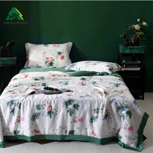 Luxury Morning Glory Print Thin Quilt Lyocell Tencel 650 Thread Count Fabric Summer Comforter Adult Bed Cover Queen King Size