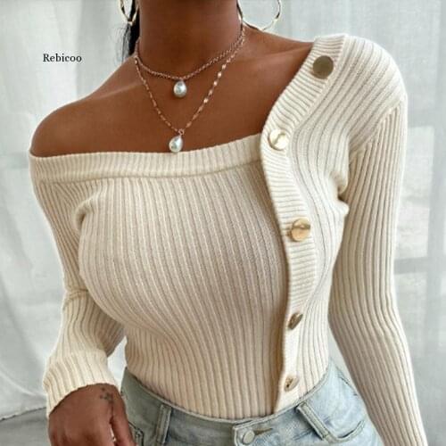 Womens Sweater One Shoulder Slim Pullover Long Sleeve Solid Button Female Sweaters Autumn Fashion Sexy Ladies Top