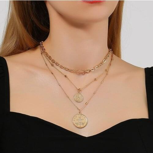 Vintage Exaggerated Gold Color Multilayer Portrait Necklace Punk Hip Hop Metal Thick Chain Stacked Coins Necklace Party Gifts
