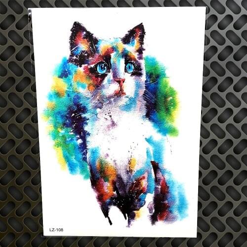 3D Watercolr Painting Cat Pattern Temporary Tattoo Sticker Animals Drawing Cute Cartoon Cat Waterproof Tattoo Body Art Men Arm