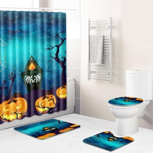 WUJIE Pumpkin Printed Shower Curtain Set Bathroom Pedestal Rug Toilet Seat Cover Anti Slip Bath Mat Waterproof Shower Curtain