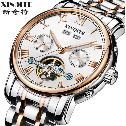 XINQITE Top Brand Men Mechanical Watches Stainless Steel Waterproof Automatic Watch With Calendar Week Year Noctilucent Function