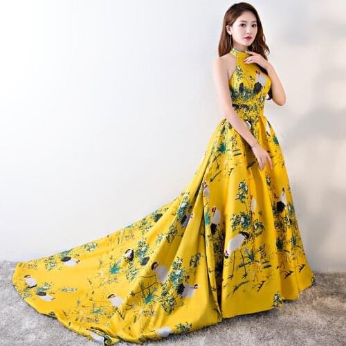 Yellow Evening Dresses Halter Satin Trailing Backless One Size Long Party Dresses Gown Chinese Fashion Cheongsam Dress