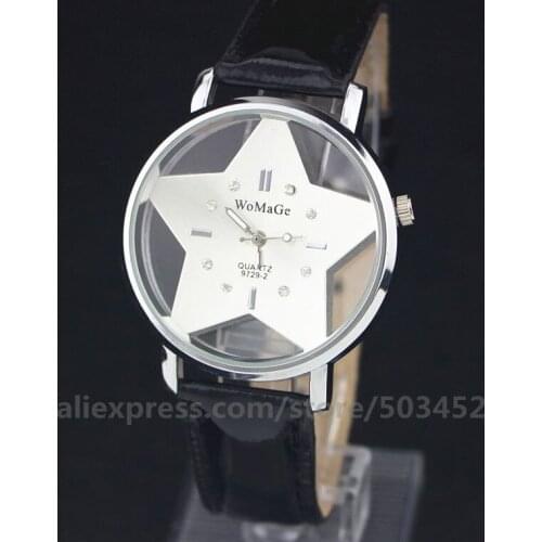 100pcs/lot Womage 9729-2 Women Watch Cute Wristwatch PU Belt Fashion Cute Watches Gifts Zirconia Hollow Pentagonal face Curren