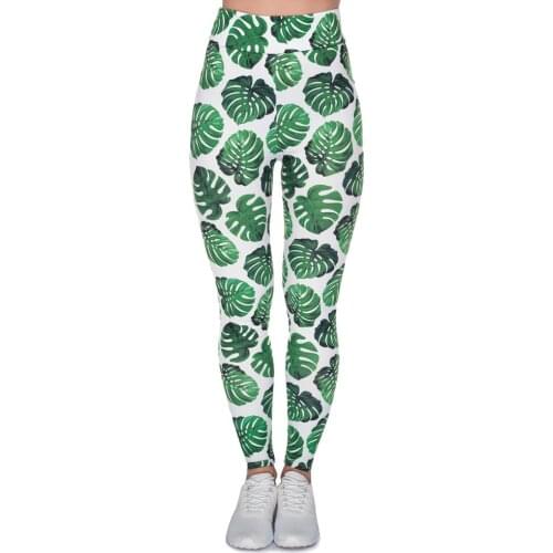 Women High Waist Legging Monstera White Printing Leggings Fashion Fitness Woman Pants