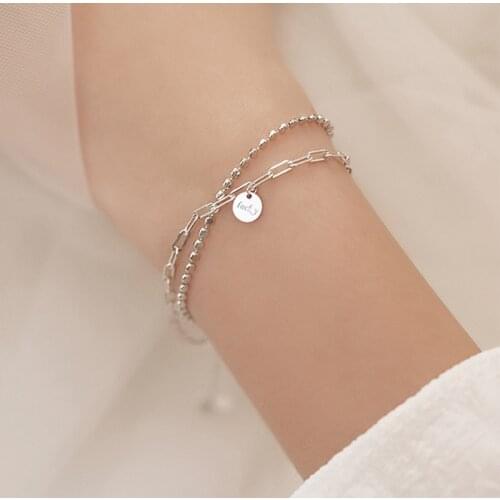 Utimtree Simple 925 Sterling Silver Double-layer Circle Geometric Bracelet For Women Fashion Zircon pulseras Jewelry