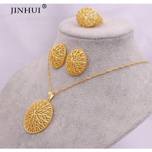 Ethiopia 24K gold jewelry sets for women African wedding gifts bridal Party Necklace Earrings ring Oval Pendant jewellery set