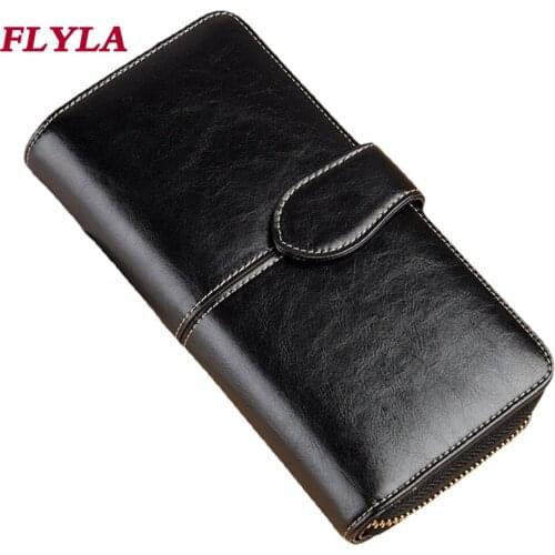 RFID Anti-theft Protection Women Leather Wallet Oil Wax Leather Mobile Phone Bag Retro Wallet Handbag