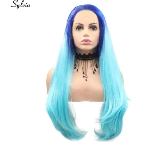 Sylvia Ombre Dark Blue/Pastel Blue Handmade Lace front Wigs for Women Cosplay Free Part Natural Wave Synthetic Glueless Cap Wigs