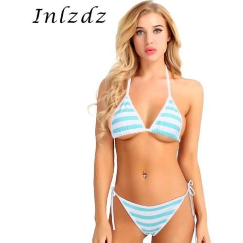 Womens Lingerie Kawaii Bikini Set Style Stripe Strappy Bra Top with Briefs Bottoms Fancy Cosplay Party Costume Sexy Nightwear