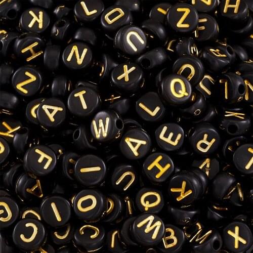 1Bag 7x4mm Black Opaque Letter Acrylic Beads Flat Round Alphabet Spacer Beads Metal Enlaced for DIY Bracelet Necklace Handmade