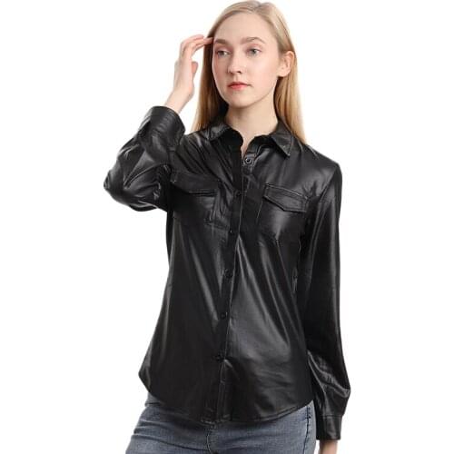 Nightclub Womens Sexy Womens PU Leather Long Sleeve Shirt Blouse Lady Fashion Striped Casual Top Shirt Elegant Business Shirts