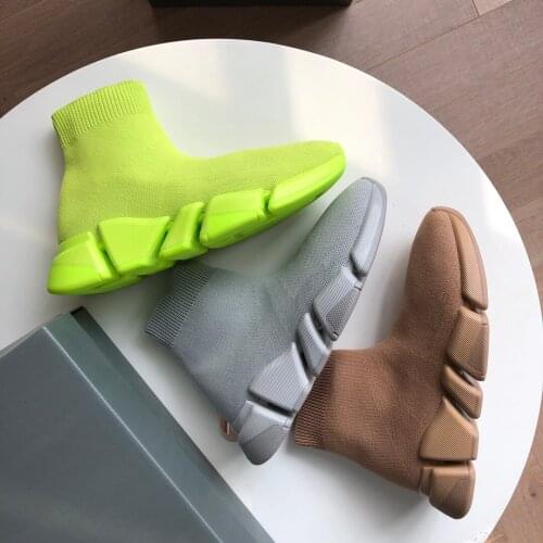 Elasticity rubber sole top quality round toe high-top stretch knit collar 2.0 sneakers in yellow brown and grey pure color speed