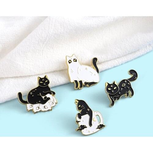 Witch Cup Cat Enamel Pin Custom Black And White Cat Moon Star Gothic Brooches Punk Lapel Pins Badge Jewelry Gift For Kid Friends