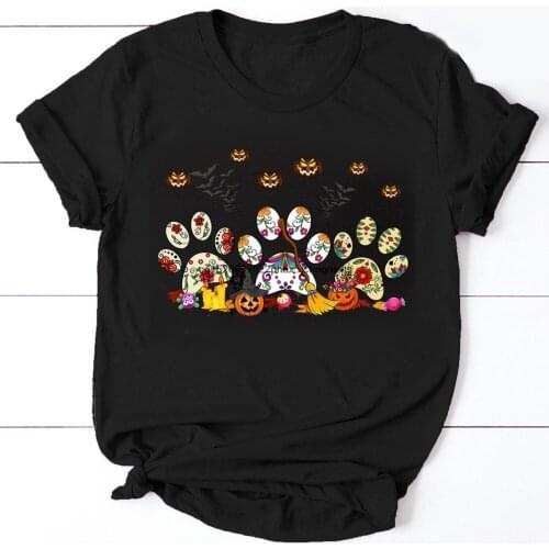 Three Paw Prints Floral Pumpkin Boo Witch Pet Dog Cat Halloween T shirt Gift