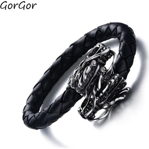 GorGor Bangles Men Stainless Steel Two Faucet Opening Mosaic Rhinestones Leather Material Individuality Accessories BL-267