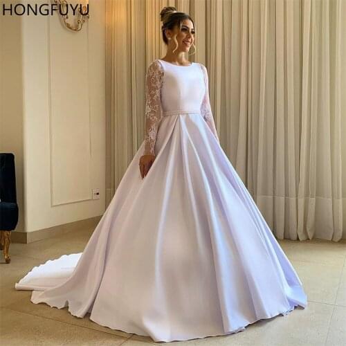 HONGFUYU Satin Wedding Dress Covered Button O-neck Long Lace Sleeves Ball Gown Wedding Bridal Dresses vestidos de novia 2020
