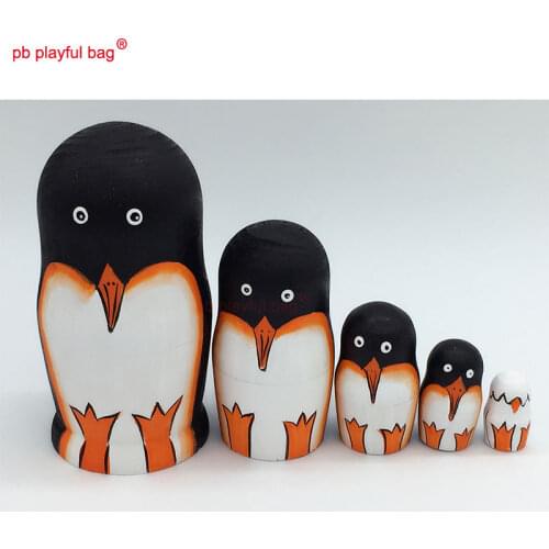 PB Playful bag Five layer Penguin animal Russian dolls wooden childrens toy set crafts Valentines Day gift decorations HG35