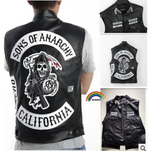 Sons of Anarchy Embroidery Leather Rock Punk Vest Cosplay Costume Black Motorcycle Sleeveless Jacket 2 Pcs Sons of Anarchy Rings