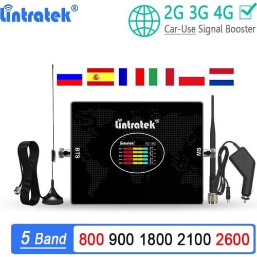 Lintratek Car Use Five Band Signal Booster LTE B20 Amplifier 800 900 1800 2100 2600 B7 GSM 70dB Cellular Repeater WCDMA DCS Kit