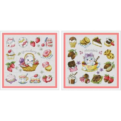 Chocolate Strawberry cat cartoon Counted Cross Stitch 11CT 14CT 18CT DIY Cross Stitch Kits Embroidery Needlework Sets