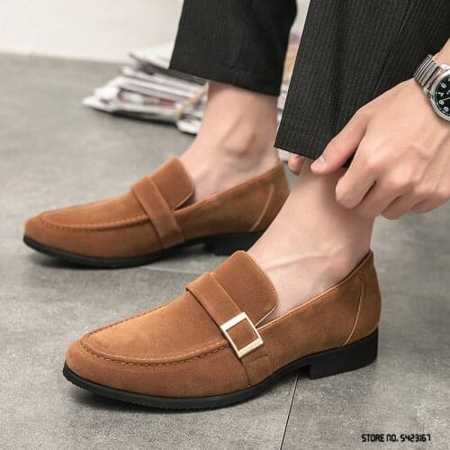 New Luxury Suede Leather Belt Buckle Slip On Shoes Men Casual Loafers Business Formal Dress Footwear Sapatos Tenis Masculino