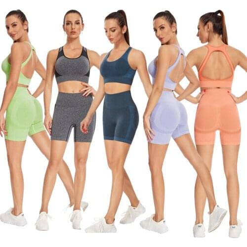 New Ins Seamless Knitted Suit Women Sexy Sports Short Sleeve Shorts Yoga Suit Fitness Suit Running Gym High Waist Sport Suit