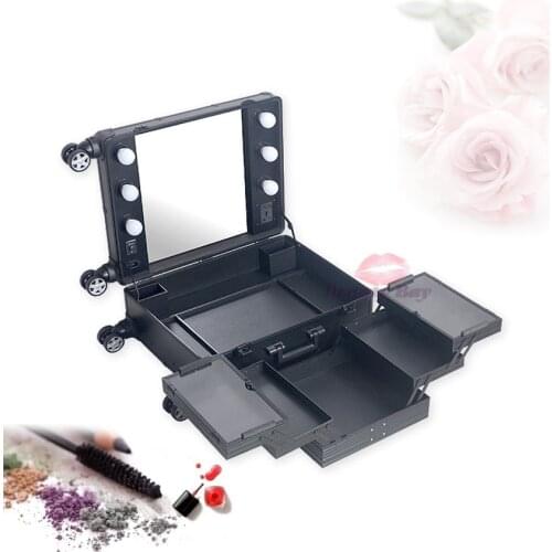 Professional black aluminum makeup case with lights, Lighted makeup table with mirror stands