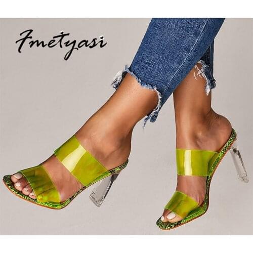 Transparent Sandals Woman Summer Crystal Heel Women High Heels Green Apricot Square Toe Peep Toe 35-42 Chunky Heels Fashion