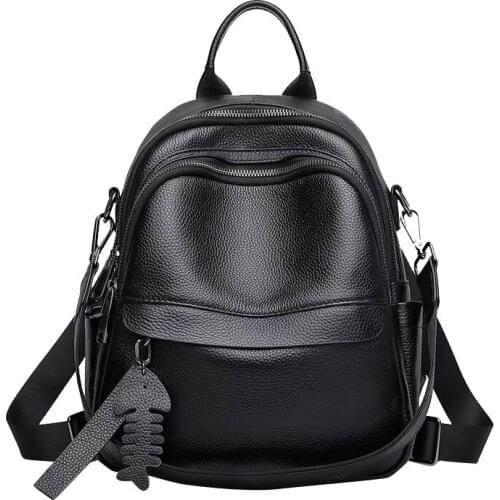 Elegant Luxury Genuine Leather Womens Backpack Large Capacity Fish Bone Pendant Shoulder Bag Teenage Girls Fashion Schoolbag