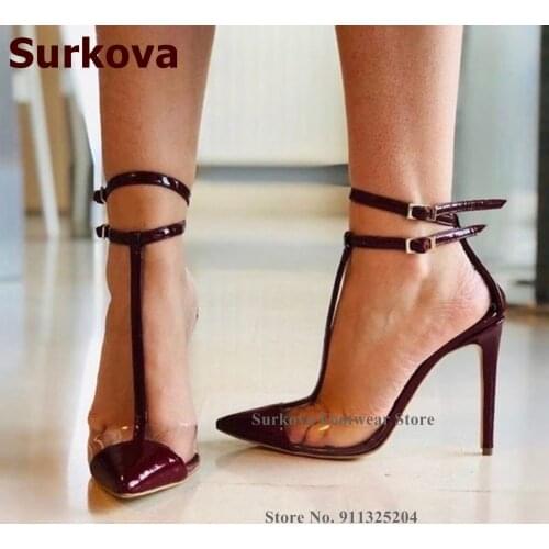 Surkova Wine Red Patent Leather T-strap Shoes Transparent PVC Patchwork Women Thin High Heel Pumps Ankle Buckle Strap Footwear