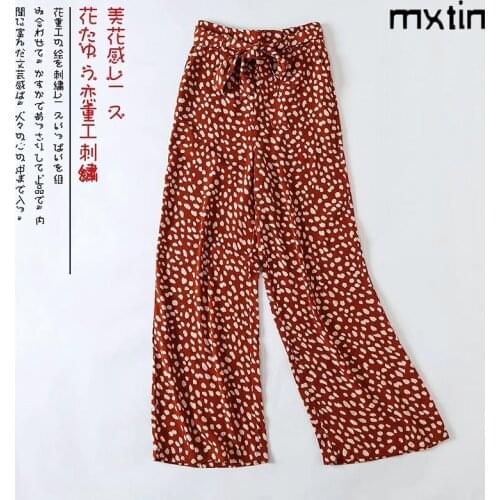 Vintage leopard print wide leg pants elastic waist bow pants women 2020 fashion female trousers pantalones mujer