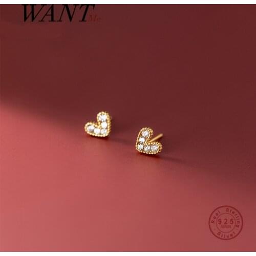 WANTME Real 925 Sterling Silver Luxury White Zircon Love Heart Romantic Stud Earrings for Women Korean 18k Gold Plated Jewelry