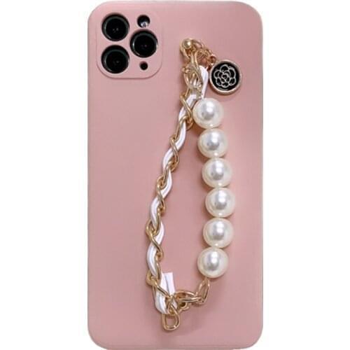 Pearl Leather Wrist Chain Bracelet Pink Liquid Silicone Case Cover For Samsung Galaxy Note 20 10 9 S21 S20 FE Ultra S10/9/8 Plus