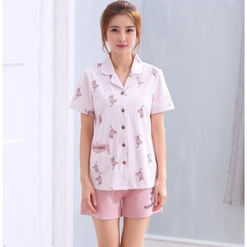Women 2019 new pajamas summer short sleeve shorts cotton ladies cute cardigan two piece large sizepajama sets women pajamas