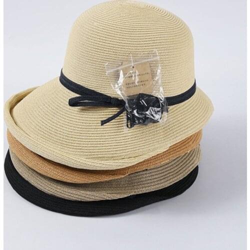 2020 Women Woven Foldable Summer Hat Wind Rope Wide Brim Bucket Fisherman Hat Kentucky Derby Straw Sun Hat UV Visor Beach Hat