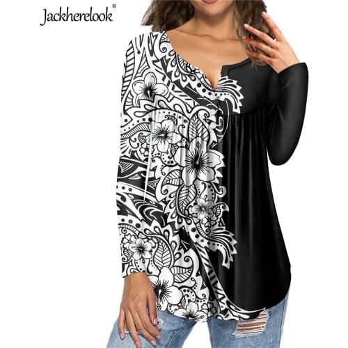 Jackherelook Polynesian Tattoo Samoa Floral Brand Design Womens Button Tunic Blouses Casual Long Sleeve Top Shirts Plus Size